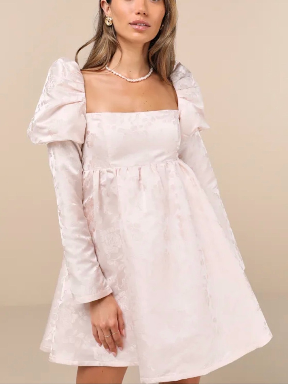 Square Neck Puff Sleeve Mini Dress in Jacquard Blush